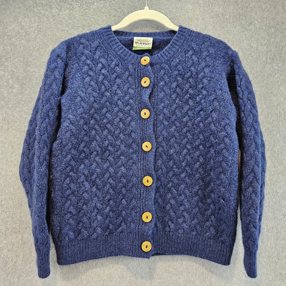SHANNON Cardigan Wmn M Blue Cable Knit Merino Wool Irish Sweater Cottagecore